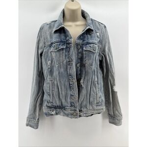 Old Navy Distressed Denim Jacket Womens Blue Jeans Light Wash Medium